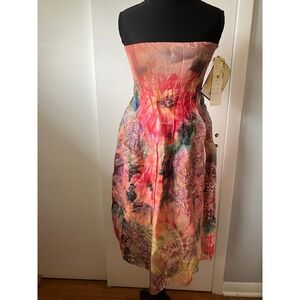 Lapis Dress Autumn Floral Print Strapless Pleated Pink One Size Midi Casual